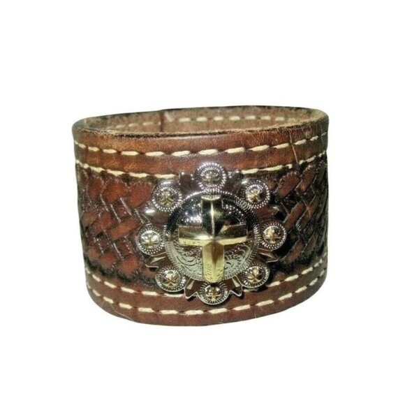HM Tooled Leather 2 Tone Cross Concho Western Christian Brown Bracelet #1 - Picture 1 of 5